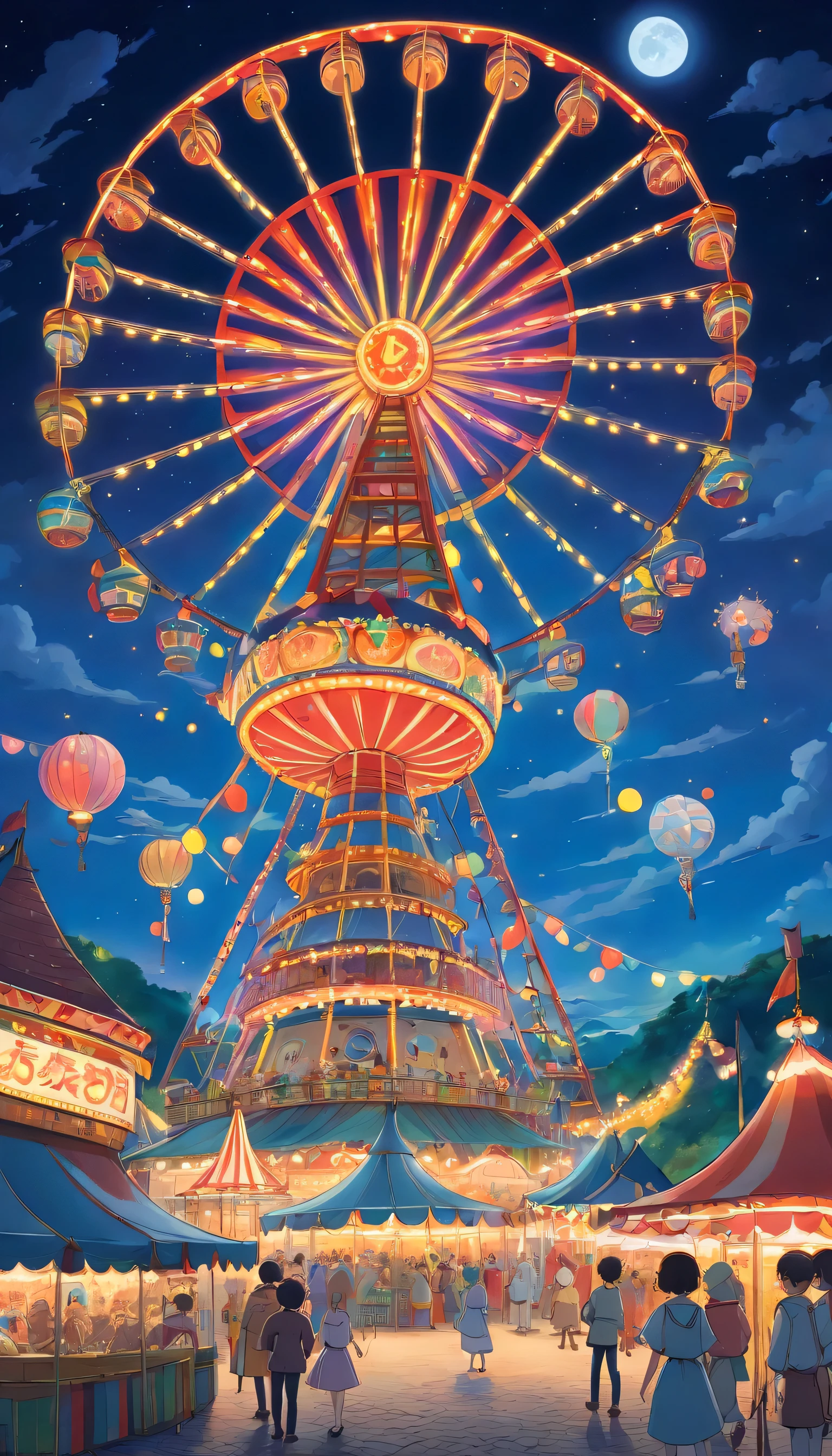 A magical landscape of night circus and carnival going on with giant ferris wheels, tents and full moon night sky 
