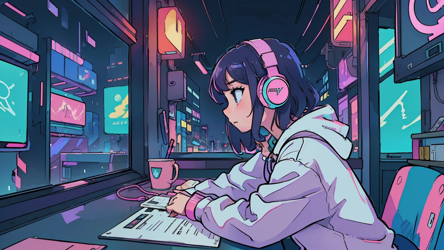 (masterpiece), (Best illustrations), Winds of the 90s,Retro、Colorful Cyberpunk、Girl studying at desk,profile, Put on your headphones, Night Light, Neon scenery on a rainy day seen from the window, Girl&#39;s Room,Barely, Black Stockings、The inside color is pink,Emo,Night view, Night Light, Lo-fi hip hop, Desktop PC, Ring lighting,(masterpiece), (highest quality), (Vaporwave Style), (Ultra-detailed), (Best illustrations), (Best Shadow),Perfect lighting, Bright colors,fashionable