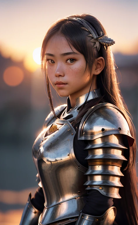 (masterpiece), (extremely detailed), (realistic), portrait of a girl, (medieval armor), metal reflection, upper body, outdoors, intense sunlight, long Distant station, sharp focus, cinematic lighting, (film grain, blurred background, blurred foreground, bokeh, high depth of field, sunset, motion blur), Asian girl
