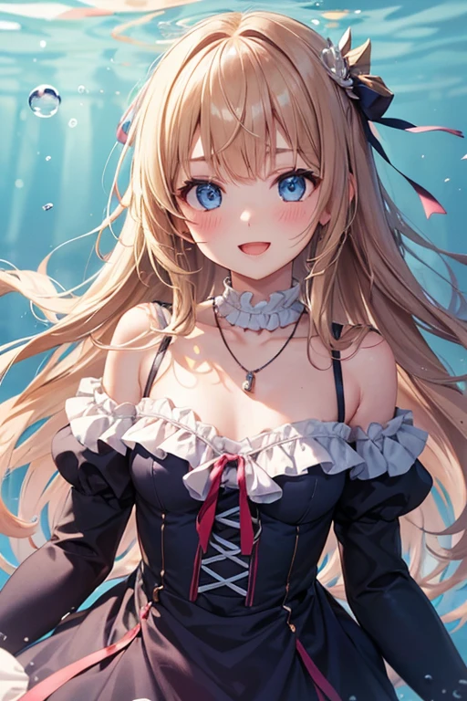 rating:safe, blurry, depth_of_field, 1girl, blurry_foreground, long_hair, blue_eyes, solo, detached_sleeves, bare_shoulders, blush, dress, floating_hair, brown_hair, smile, collarbone, blonde_hair, bangs, breasts, open_mouth, upper_body, looking_at_viewer, hair_ornament, dress, halterneck, blurry_background, ribbon, eyebrows_visible_through_hair, jewelry, necklace, parted_lips, small_breasts, frills, striped, underwater, bow, :d