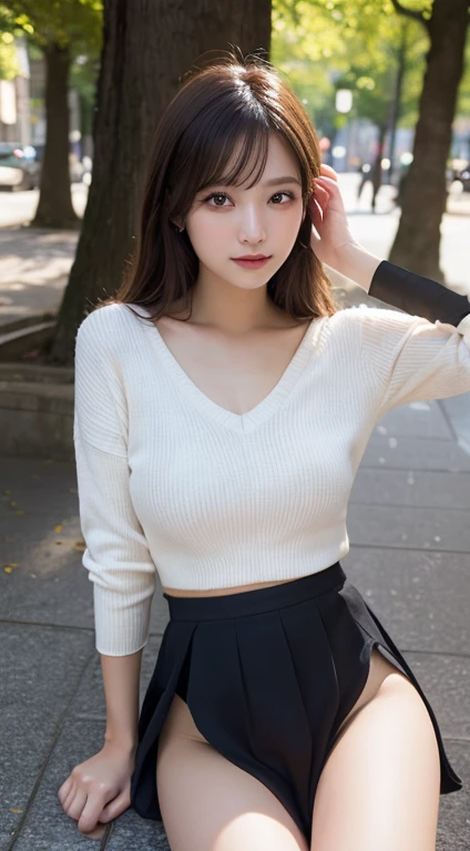 An innocent 18-year-old girl、((V-neck knit:1.9,Small pleated skirt,Black high heels,I can see the shape of big breasts,Dramatic Pose)),Clear eyes,High quality face,smile、RAW Photos, (8k、highest quality、masterpiece:1.2)、(Intricate details:1.4)、(Photorealistic:1.4)、Octane Rendering、Complex 3D rendering with ultra-detail, Studio Soft Light, Rim Light, Vivid details, Super Detail, Realistic skin texture, Detailed aspect, Beautiful details in the eyes, Highly detailed CG Unity 16k wallpaper, compensate, (Detailed Background:1.2), Glowing Skin, whole body、Fashionable tree-lined avenue background,((From head to thighs)),((Shooting from below)) 、((Sexy panties in full view:1.2))、((Spread your legs wide:1.2))