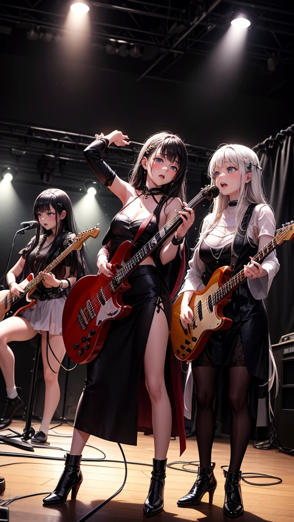 A three-woman metal band dressed in witch costumes、Arrived in Japan and held a mass at a live venue、Neck slashing pose、The intense performance was a huge success、Metal band performance、Fearless expression、Live venue lighting、The band&#39;s concept was a reaction to the witch hunts that swept through medieval Europe.、