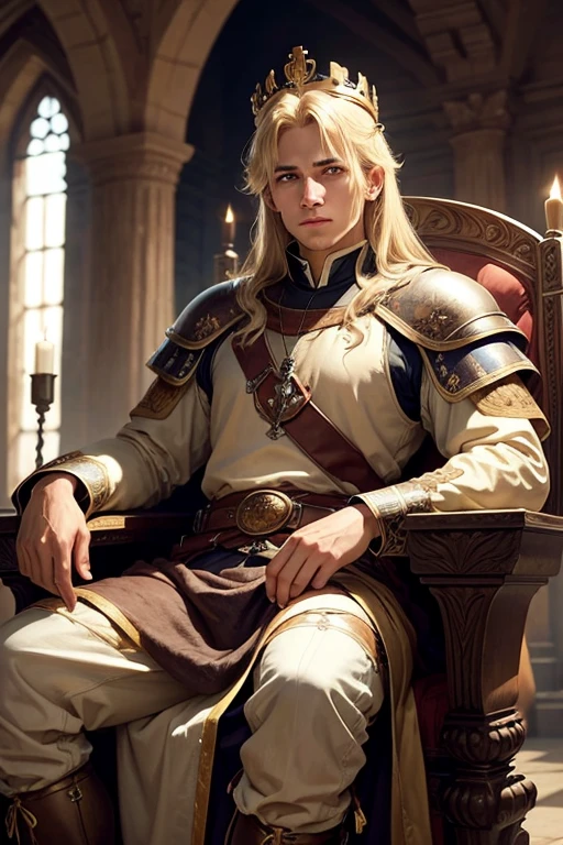 man, blond, brown eyes, sitting casually on a throne, crown, dressed in medieval armor