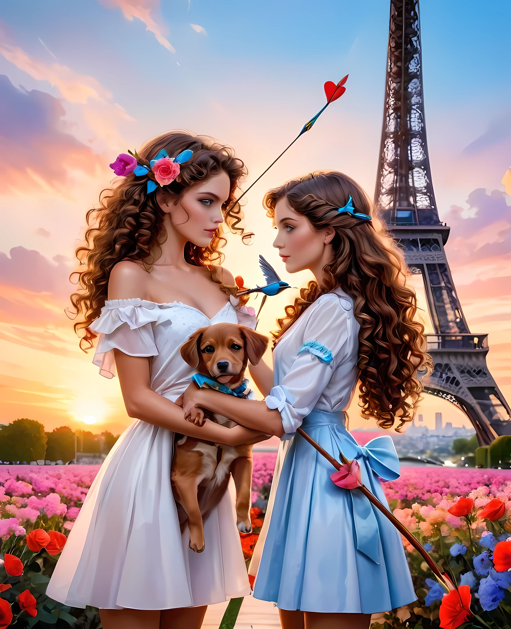 (fashion show:1.5), (fashion weel:1.5), (ink and watercolor painting:1.5), (Tasteful:1.5), (ink and watercolor painting:1.5), 8k, 4k, (magic:1.5), (dripping paint;1.5), (Paris collection:1.5), fashion model, professional model, super model, (glide_fashion:1.5), In a posh dreamscape, 2 girl with blue eyes and curly brown hair aims her bush-string bow at a heart of colorful flowers. Her arrow, Paris, turnul Eiffel, they hold hands , dogs and birds , sunset,lesbian, gay