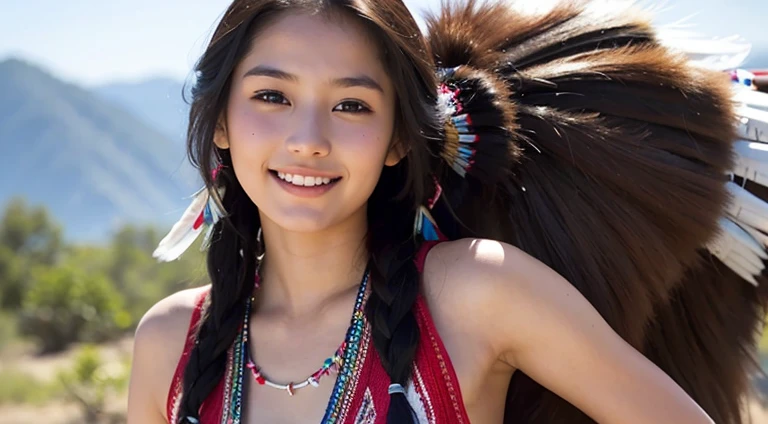 Try it. Create a beautiful 18 year old native American woman with natural light cinematic on her back using her tribal attributes showing a sweet smile she's so cute
