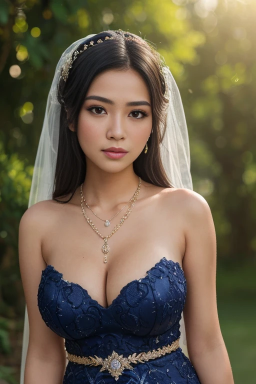 best quality, masterpiece, highres, 1girl, Javanese bridal kebaya, long straight hair, blue black hair, lux necklace, glamorous jewelry, Blushy face, upon_body, tyndall effect, photorealistic, ample cleavage, puffed breasts, bright big breast, sun-tanned lighting,(high detailed skin:1.2), close up, 8k uhd, dslr, RAW photography, high quality, high resolution, 8k, outdoor background