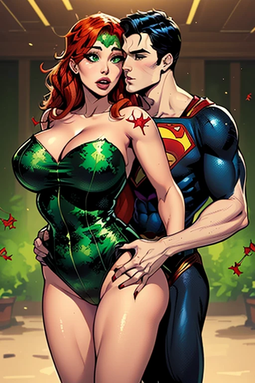 (((Poison Ivy))), (((Superman))), High quality, best quality, masterpiece, (1boy1 1girl), (hetero:1.5), mature woman, curves, long wavy redhead hair, green eyes. cleavage. (((woman wearing strapless black leotard))), woman with ahegao face