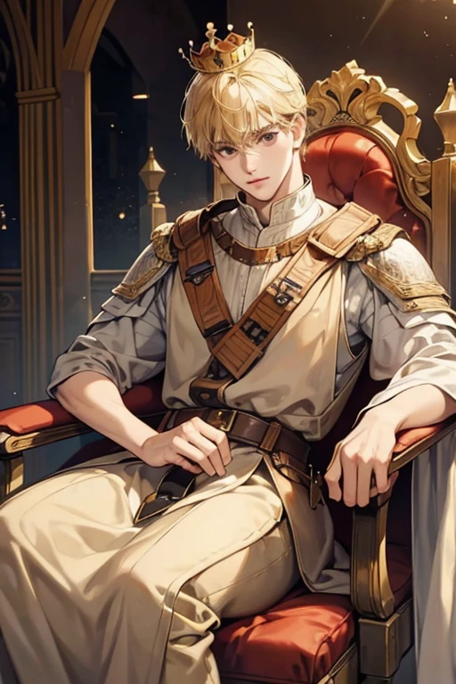man, blond, brown eyes, sitting casually on a throne, crown, dressed in medieval armor