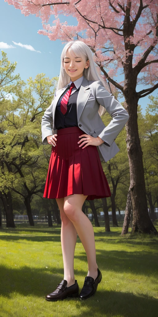 Female, standing, straight, 1girl (Full body, view from below, cowboy shot, looking at viewer, masterpiece, best quality, ultra detailed, immaculate:1.2) 30 y.o. woman, red eyes, LONG SILVER WHITE hair, posing for photo, seductive smile, grey jacket, red necktie, green skirt, Sakura tree, building, (pinched eyes) (closed mouth) (hands on hips)
