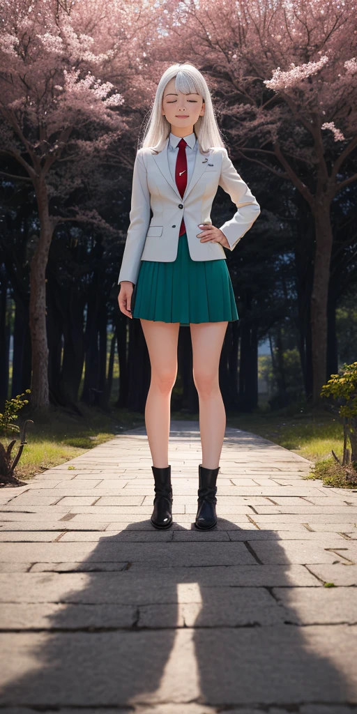Female, standing, straight, 1girl (Full body, view from below, cowboy shot, looking at viewer, masterpiece, best quality, ultra detailed, immaculate:1.2) 30 y.o. woman, red eyes, LONG SILVER WHITE hair, posing for photo, seductive smile, grey jacket, red necktie, green skirt, Sakura tree, building, (pinched eyes) (closed mouth) (hands on hips)