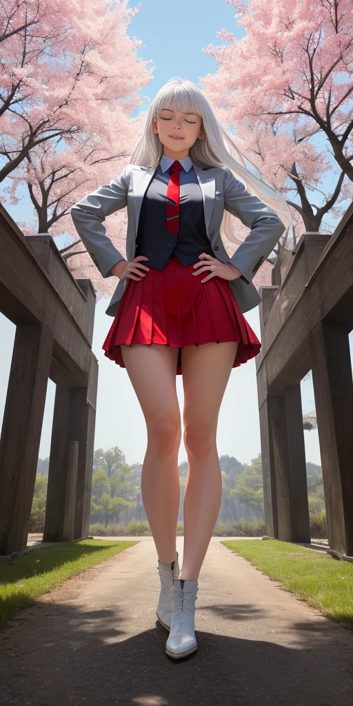 Female, standing, straight, 1girl (Full body, view from below, cowboy shot, looking at viewer, masterpiece, best quality, ultra detailed, immaculate:1.2) 30 y.o. woman, red eyes, LONG SILVER WHITE hair, posing for photo, seductive smile, grey jacket, red necktie, green skirt, Sakura tree, building, (pinched eyes) (closed mouth) (hands on hips)