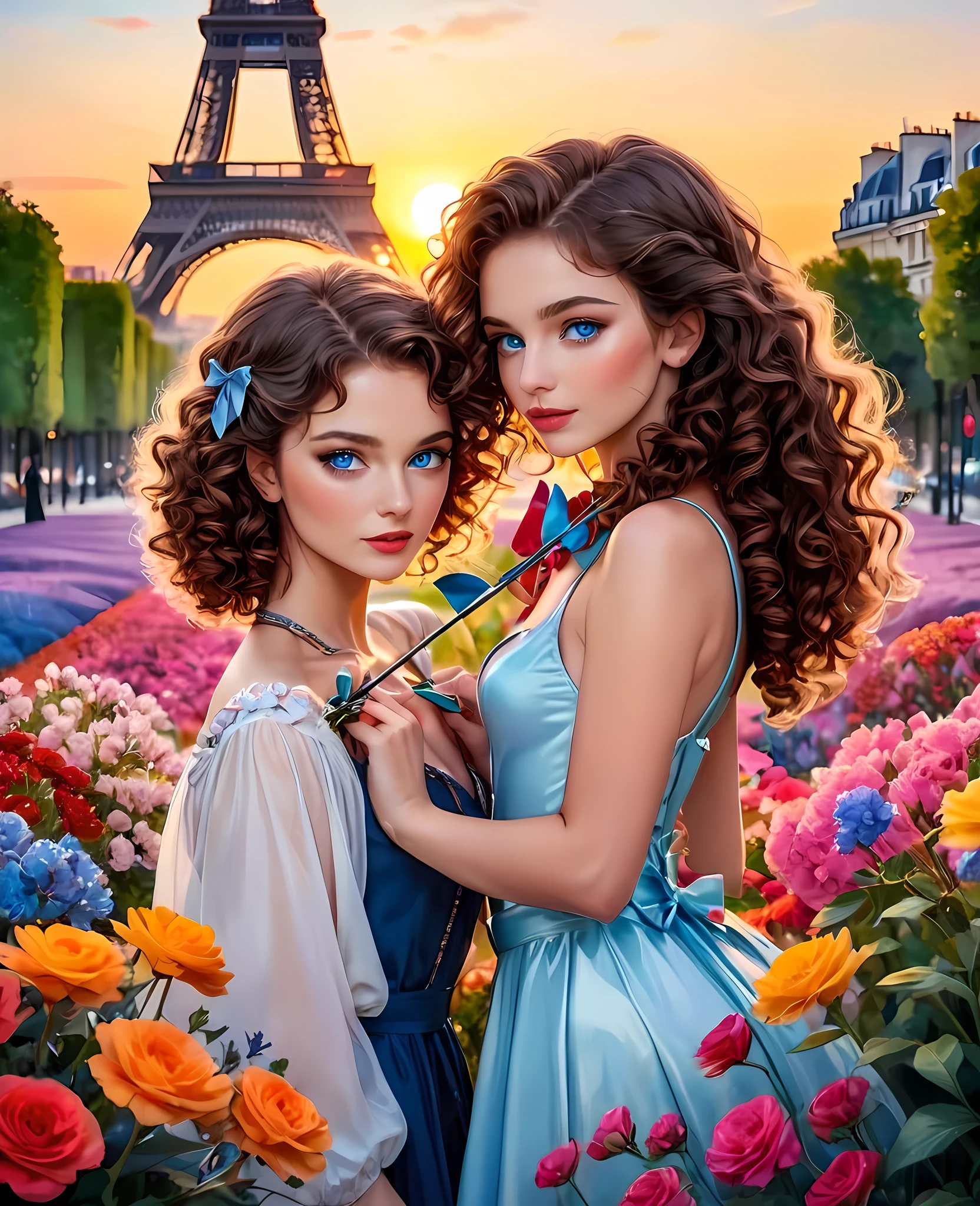 (fashion show:1.5), (fashion weel:1.5), (ink and watercolor painting:1.5), (Tasteful:1.5), (ink and watercolor painting:1.5), 8k, 4k, (magic:1.5), (dripping paint;1.5), (Paris collection:1.5), fashion model, professional model, super model, (glide_fashion:1.5), In a posh dreamscape, 2 girl with blue eyes and curly brown hair aims her bush-string bow at a heart of colorful flowers. Her arrow, Paris, turnul Eiffel, they hold hands , dogs and birds , sunset,lesbian, gay