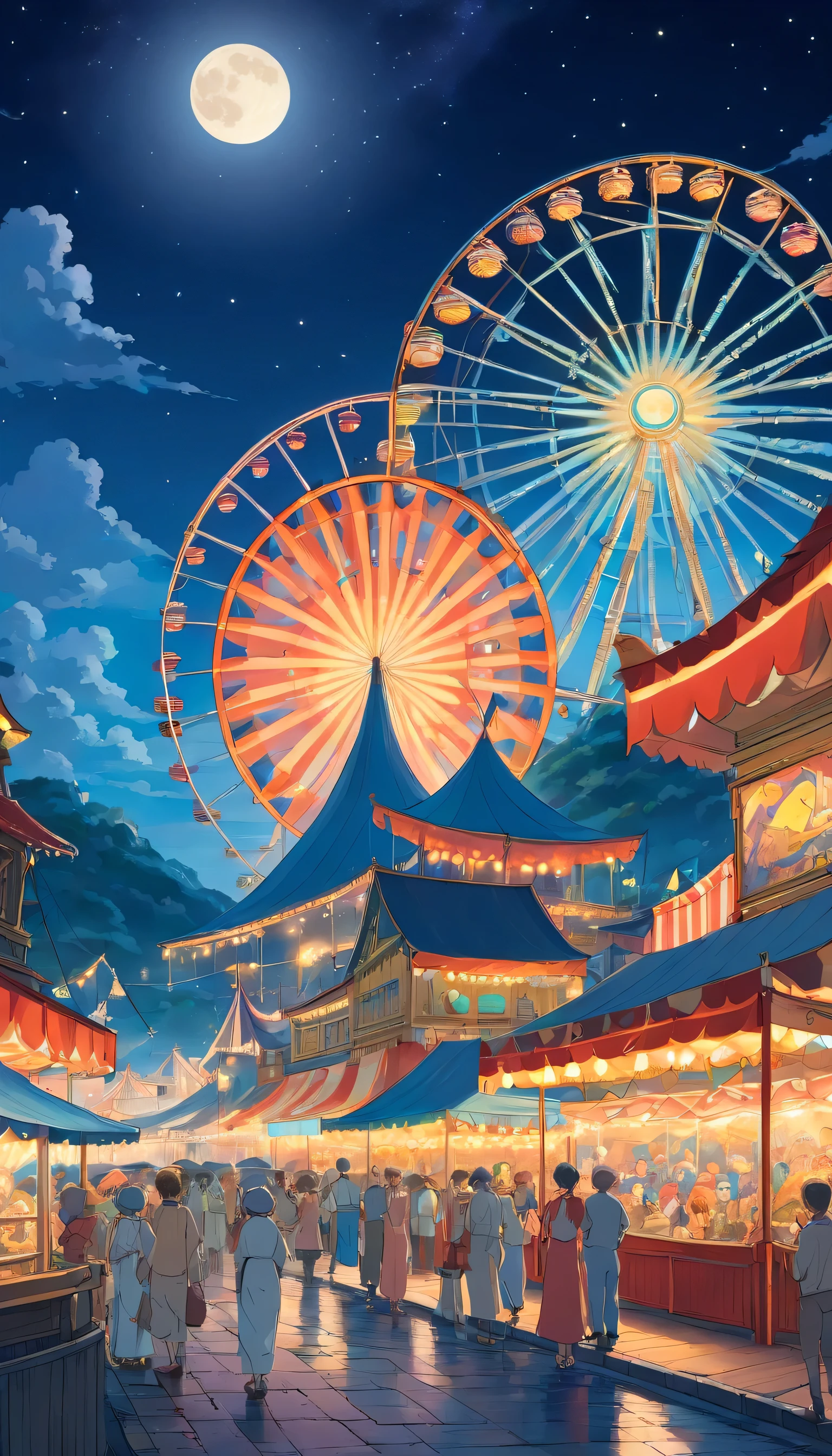 A magical landscape of night circus and carnival going on with giant ferris wheels, tents and full moon night sky