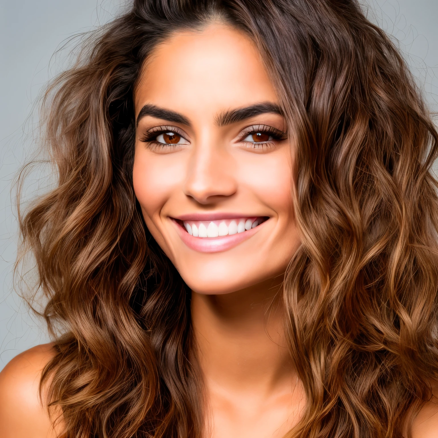 Retrato una mujer, 25-years old, morena pelo largo, cara detallada, ojos oscuros grandes con brillo, sonrisa, piel clara,