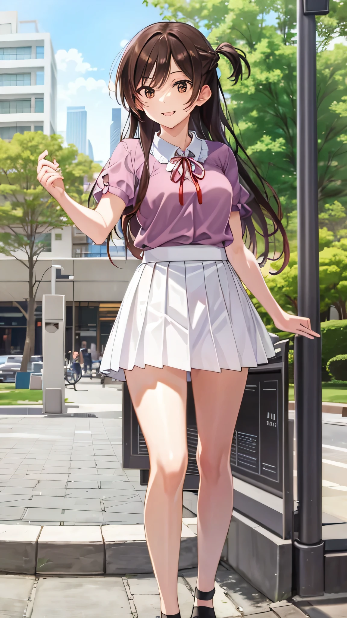 {{{masterpiece}}}, {{{best quality}}}, {{ultra-detailed}}, {illustration}, {{an extremely delicate and beautiful}}, 8k, nsfw, Mizuhara Chizuru(Rent-A-Girlfriend), chi1, long hair, braid, one side up, solo, white skirt, red ribbon, pink shirt, pleated skirt, bangs, neck ribbon, puffy short sleeves, BREAK, standing, smiling, outdoor, sky, public park, reaching out a hand