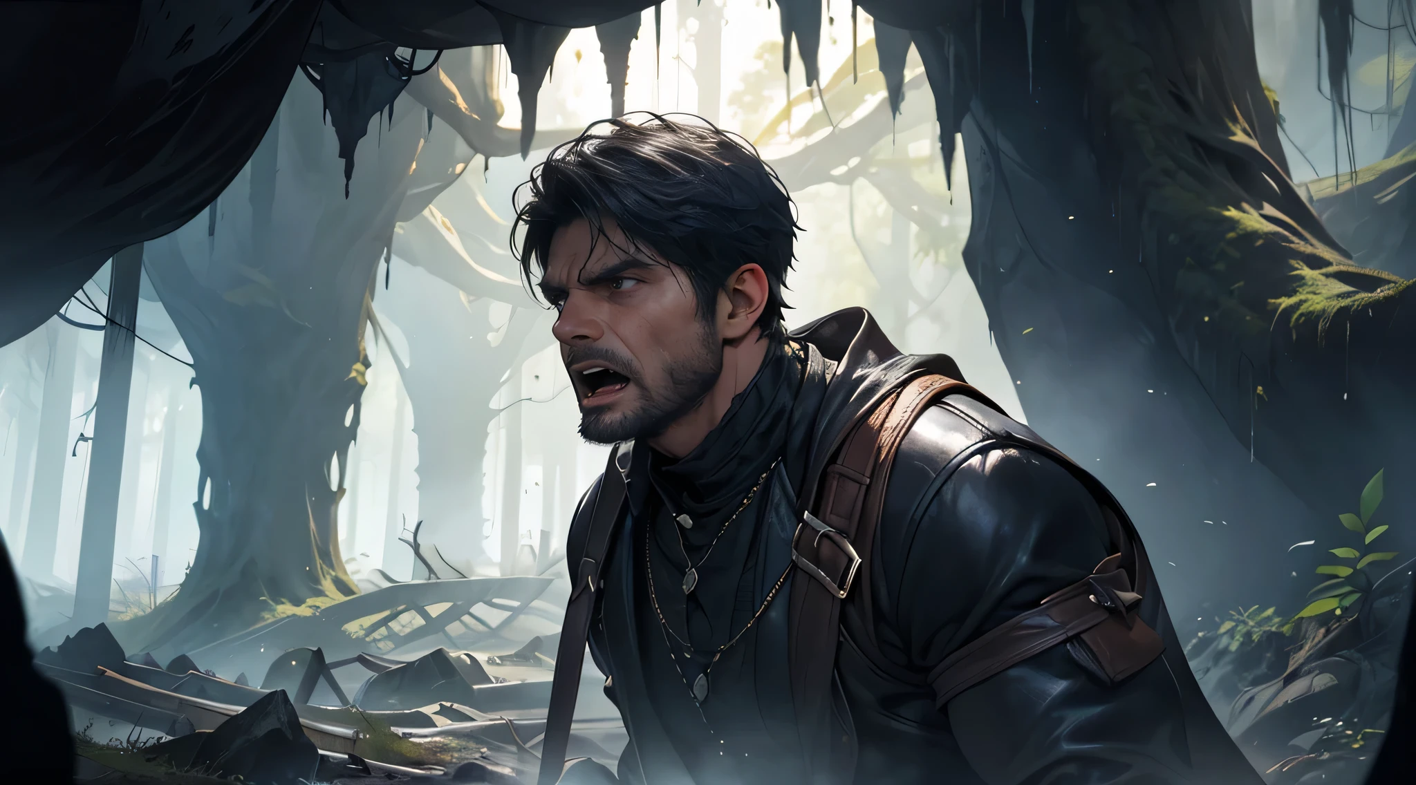 best quality,4k,8k,highres,masterpiece:1.2),ultra-detailed,(realistic,photorealistic,photo-realistic:1.37),man in black commoner clothes,screaming with fear,panicked expression,dark underground cave,fantasy theme,ominous atmosphere,mysterious shadows,dim lighting,crumbling rocks,stalactites and stalagmites,echoing sounds,reverberating screams,thick fog,spooky ambiance, view from side