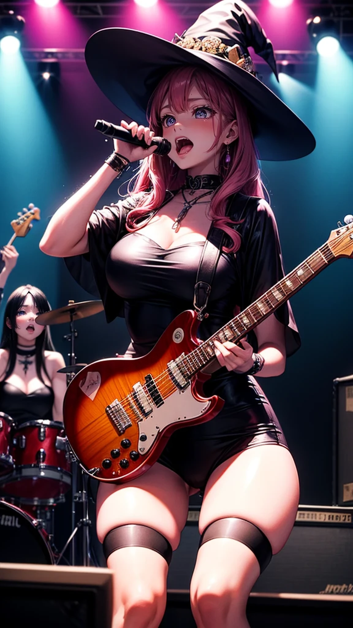 A three-woman metal band dressed in witch costumes、Arrived in Japan and held a mass at a live venue、Neck slashing pose、The intense performance was a huge success、Metal band performance、Fearless expression、Live venue lighting、The band's concept was a reaction to the witch hunts that swept through medieval Europe.、