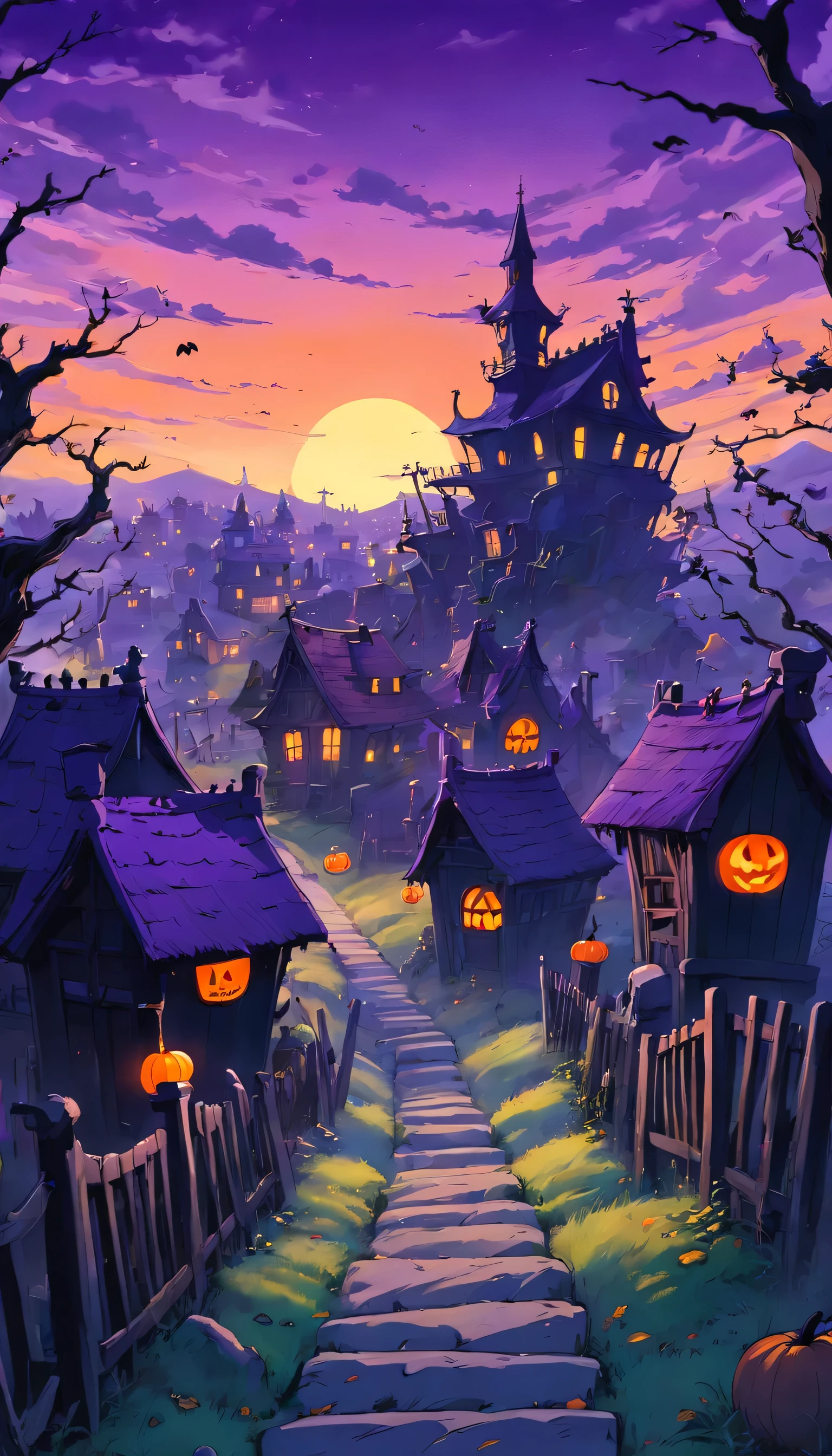 A haunted Halloween landscape with purple sky and black houses, and spooky graveyards 