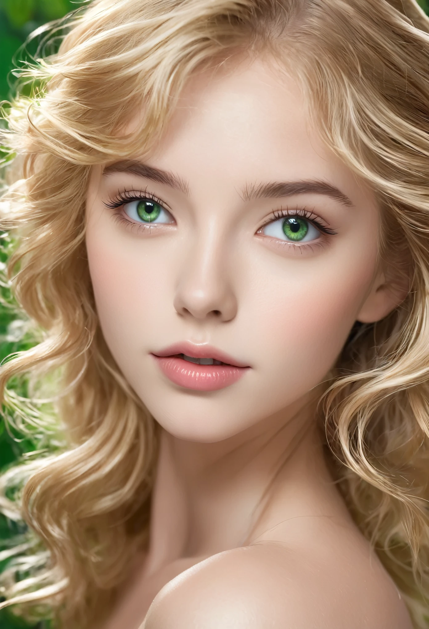 1girl, a professional photo, young girl, beautiful face, detailed face, detailed eye, blonde hair, long hair, curly hair, green eyes, eyes turned upwards, sexy lips, small nose, upturned nose, perfecteyes eyes, skin detail, (upper body:1.5), eye makeup,, (masterpiece, high quality, best quality:1.3), Detailed