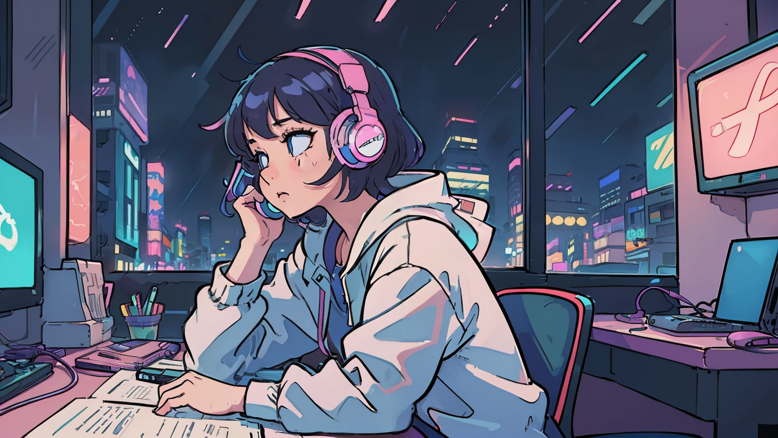 (masterpiece), (Best illustrations), Winds of the 90s,Retro、Colorful Cyberpunk、Girl studying at desk,profile, Put on your headphones, Night Light, Neon scenery on a rainy day seen from the window, Girl's Room,Barely, Black Stockings、The inside color is pink,Emo,Night view, Night Light, Lo-fi hip hop, Desktop PC, Ring lighting,(masterpiece), (highest quality), (Vaporwave Style), (Ultra-detailed), (Best illustrations), (Best Shadow),Perfect lighting, Bright colors,fashionable