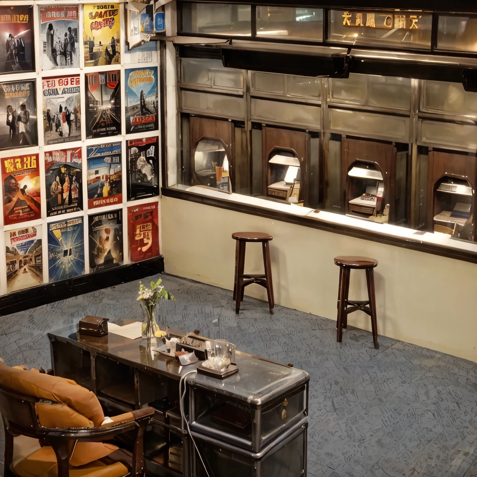 (best quality,realistic) taiwan nostalgic movie ticket booth,wall covered with vintage movie posters, metal table have the stacks of documents,three conversation seats facing a glass ticket window, glimpse of a spacious lobby through the glass, set in the 1950s, vintage props and decor, accurate depiction, high-res, maximized level of detail , no man ,no woman , no one , no humans.