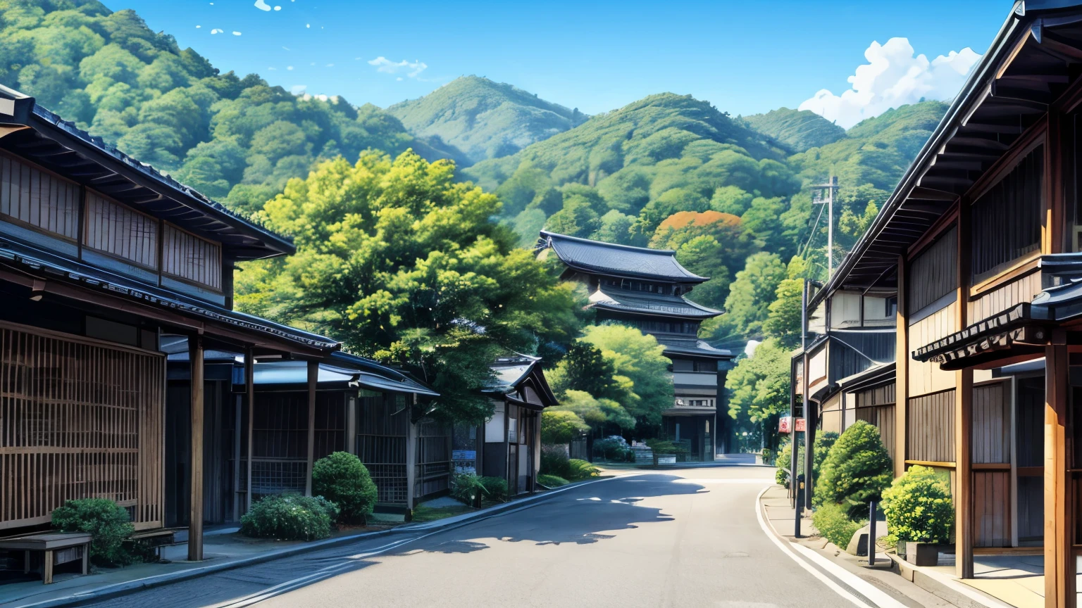 There is a retro Japanese store on the side of the road., Japanese banners and signs in a store, vibrant, morning, bright blue sky, Dramatic weather, animated scenery, Japanese Village, beautiful animated scenery, beautiful animated scenes, Japanese-style neighborhood, animated wallpaper art, japanese street, animated scenery, Japanese Village, animated scenery, japanese city, Animated Nature, animated beautiful peace scene, Tokyo-Esk Town, animated scenery concept art, detailed landscape