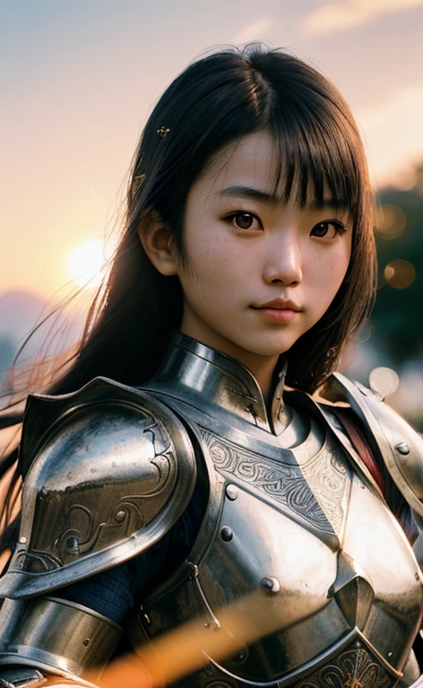 portrait of an Asian girl in her 20s, (masterpiece), (realistic), (quaint armor, extremely detailed), bright metal reflections on the armor, harsh sunlight, focus sharp on girl's face, (film grain, blurred background, blurred foreground, bokeh, high depth of field, sunset, motion blur)