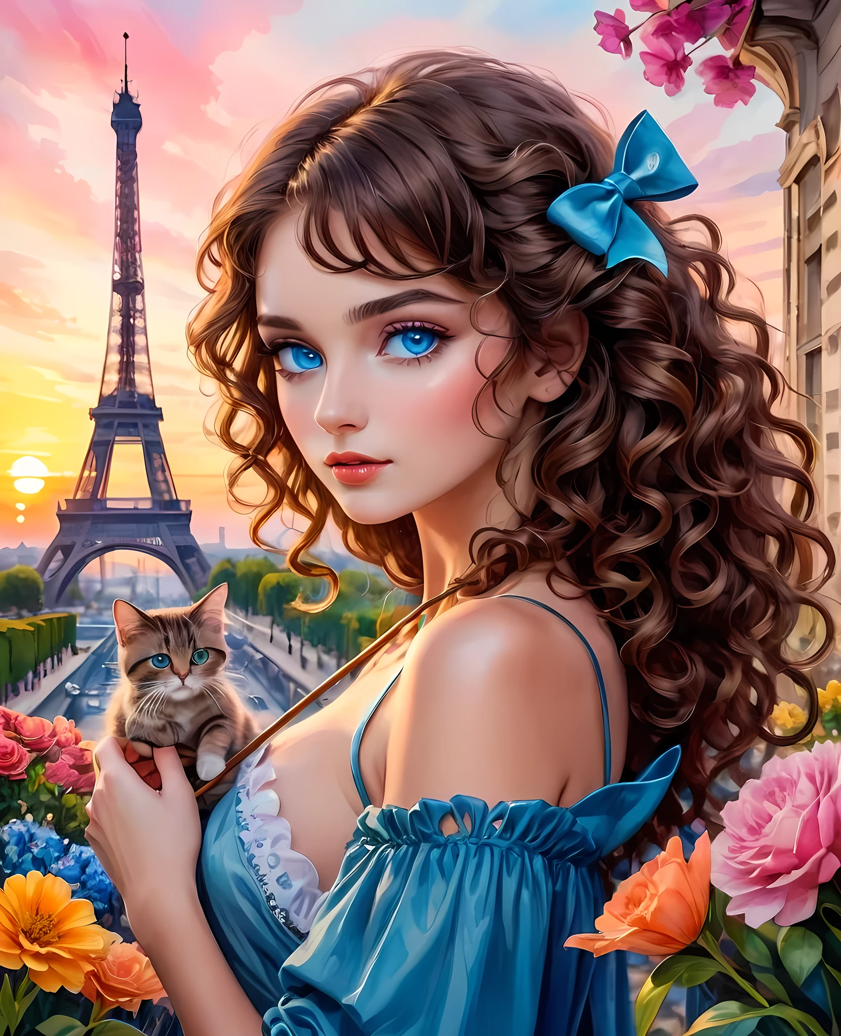 (fashion show:1.5), (fashion weel:1.5), (ink and watercolor painting:1.5), (Tasteful:1.5), (ink and watercolor painting:1.5), 8k, 4k, (magic:1.5), (dripping paint;1.5), (Paris collection:1.5), fashion model, professional model, super model, (glide_fashion:1.5), In a posh dreamscape, 1 man, 1 girl with blue eyes and curly brown hair aims her bush-string bow at a heart of colorful flowers. Her arrow, Paris, turnul Eiffel, they hold hands , cat , sunset,love