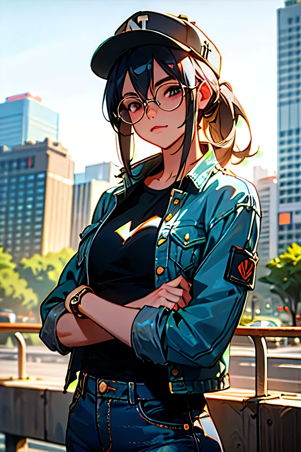 Swim Bikini, jeans, jeans jacket, peak cap, street, (Upper Body: 1.3), (Raw photo, highest quality, masterpiece: 1.2), (Realistic, photoRealistic: 1.37), (Charming monkey: 1), Professional Lighting, Photon Mapping, Radio City, Physically Based Rendering, Purelos Face_ v1、Glasses
