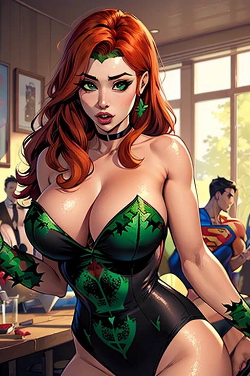 (((Poison Ivy))), (((Superman))), High quality, best quality, masterpiece, (1boy1 1girl), (hetero:1.5), mature woman, curves, long wavy redhead hair, green eyes. cleavage. (((woman wearing strapless black leotard))), woman with ahegao face