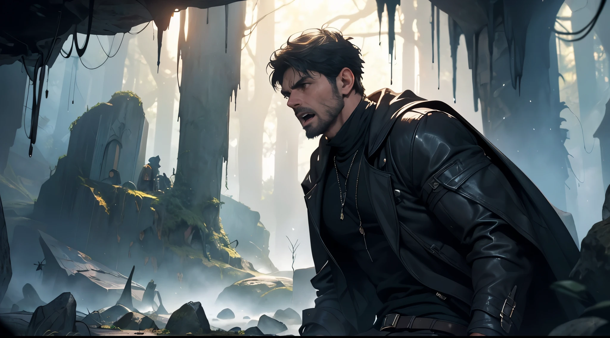 best quality,4k,8k,highres,masterpiece:1.2),ultra-detailed,(realistic,photorealistic,photo-realistic:1.37),man in black commoner clothes, smooth face, screaming with fear,panicked expression,dark underground cave,fantasy theme,ominous atmosphere,mysterious shadows,dim lighting,crumbling rocks,stalactites and stalagmites,echoing sounds,reverberating screams,thick fog,spooky ambiance, view from side