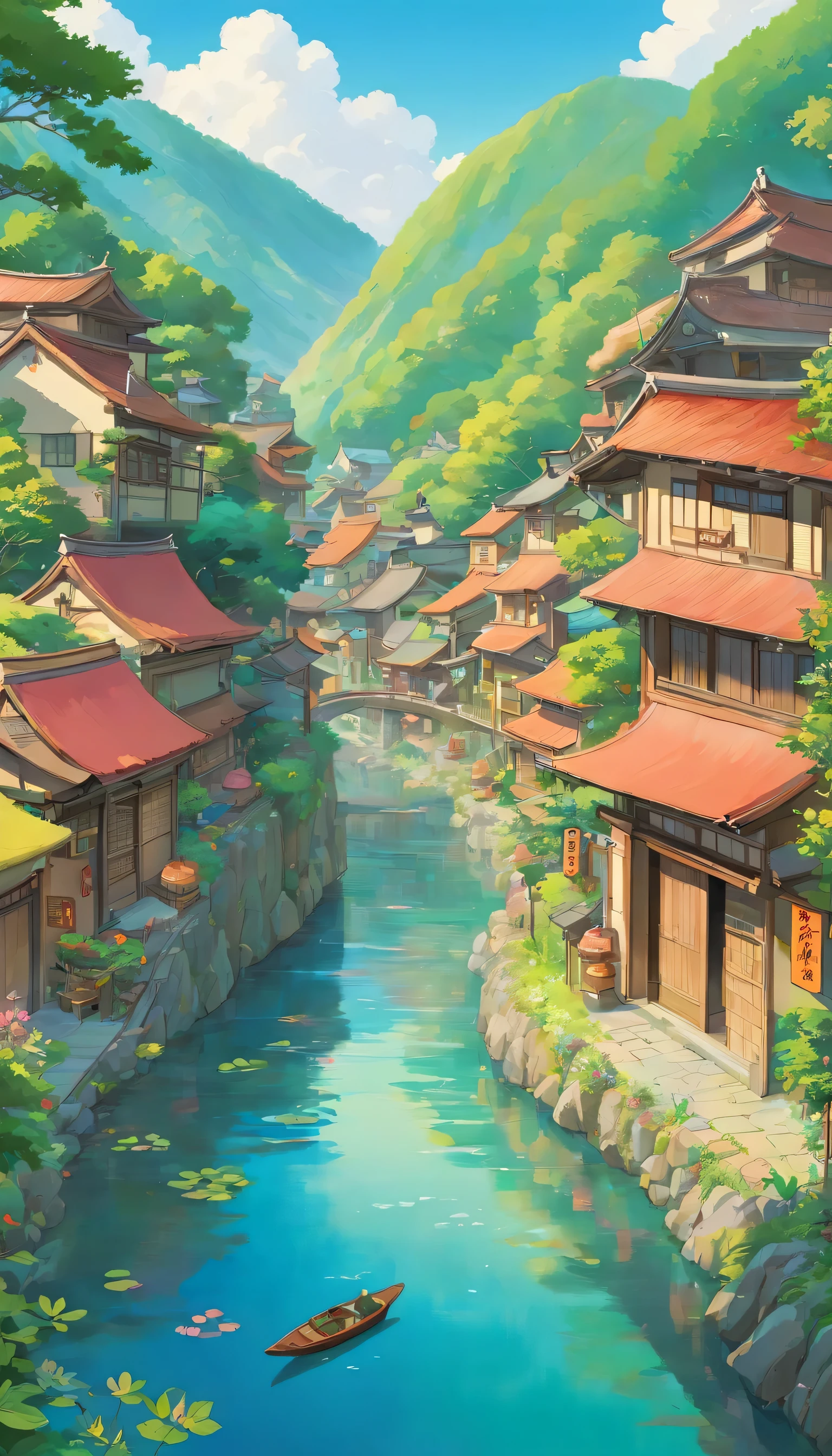 A japanese happy village with many japanese houses, japanese shops, in a beautiful landscape of rivers, and lotus leaves