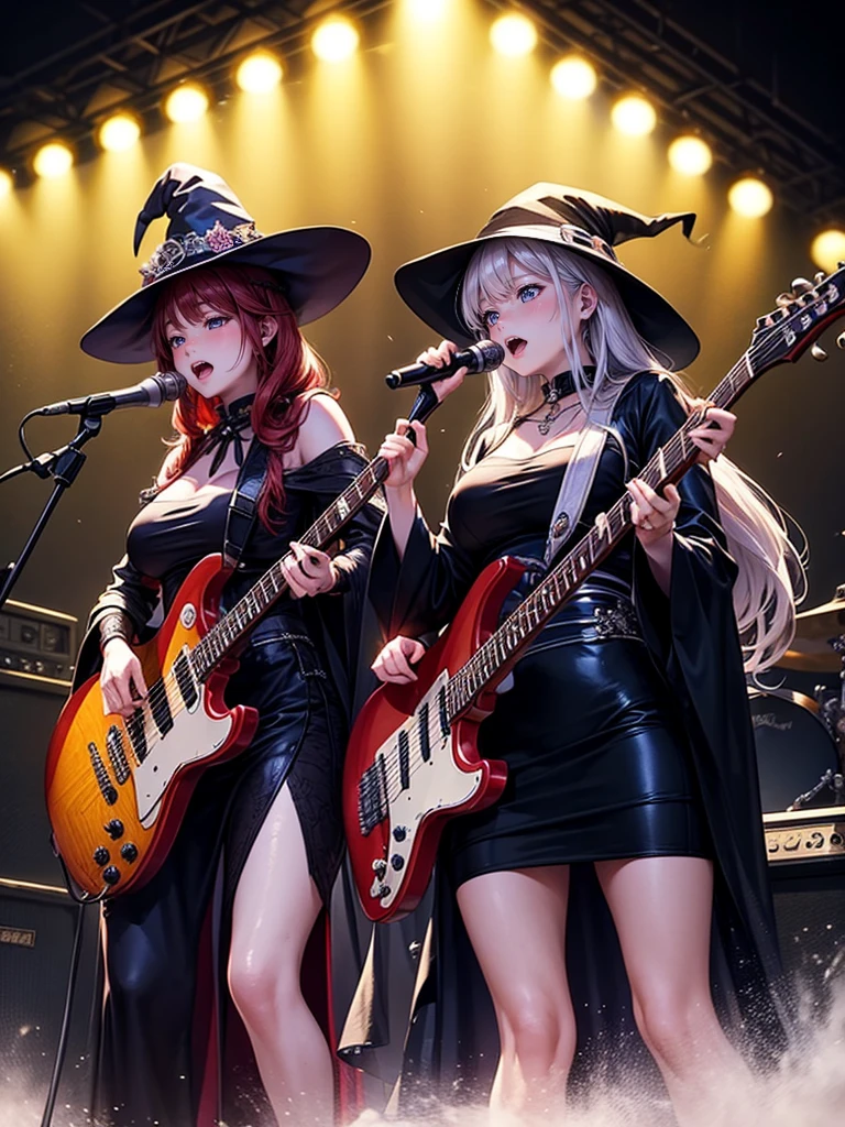 A three-woman metal band dressed in witch costumes、Arrived in Japan and held a mass at a live venue、Neck slashing pose、The intense performance was a huge success、Metal band performance、Fearless expression、Live venue lighting、The band&#39;s concept was a reaction to the witch hunts that swept through medieval Europe.、