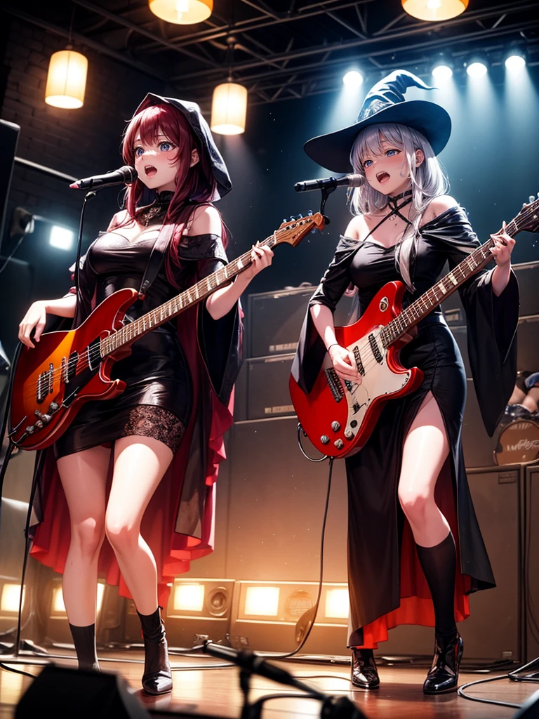 A three-woman metal band dressed in witch costumes、Arrived in Japan and held a mass at a live venue、Neck slashing pose、The intense performance was a huge success、Metal band performance、Fearless expression、Live venue lighting、The band&#39;s concept was a reaction to the witch hunts that swept through medieval Europe.、