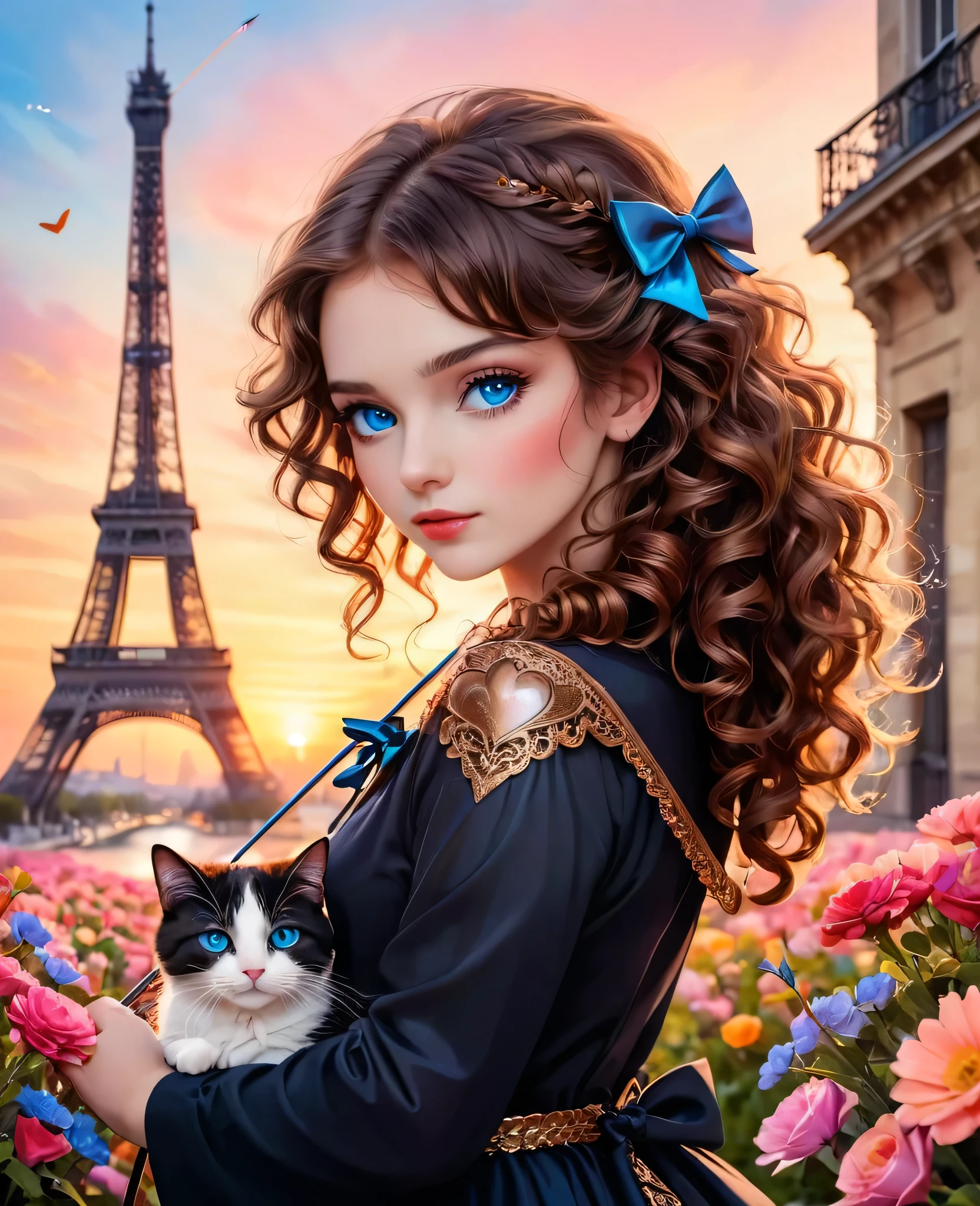 (fashion show:1.5), (fashion weel:1.5), (ink and watercolor painting:1.5), (Tasteful:1.5), (ink and watercolor painting:1.5), 8k, 4k, (magic:1.5), (dripping paint;1.5), (Paris collection:1.5), fashion model, professional model, super model, (glide_fashion:1.5), In a posh dreamscape, 1 man, 1 girl with blue eyes and curly brown hair aims her bush-string bow at a heart of colorful flowers. Her arrow, Paris, turnul Eiffel, they hold hands , cat , sunset,love
