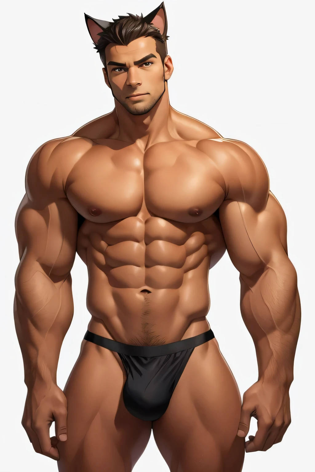 Handsome, square jaws,fit body,cat ears,naked,nude,muscular body,six pack abs,tan skin,muscular arms,big hands,half body,black underwear,white background,no extra arms