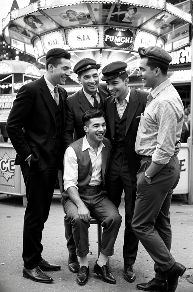 Four men having fun in a funfair, they are very well dressed and are surrounded by people, it is 1945.