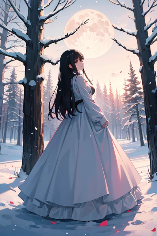 woman alone in a clearing, long black hair, pink ball dress, snow on the ground, moon behind, turned back