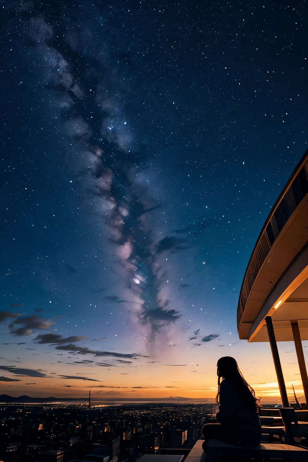 octane, sky, star (sky), sight, starry sky, night, 1 woman, night sky, alone, outdoors, building, cloud, Milky Way, seat, tree, long hair, city, silhouette, cityscape