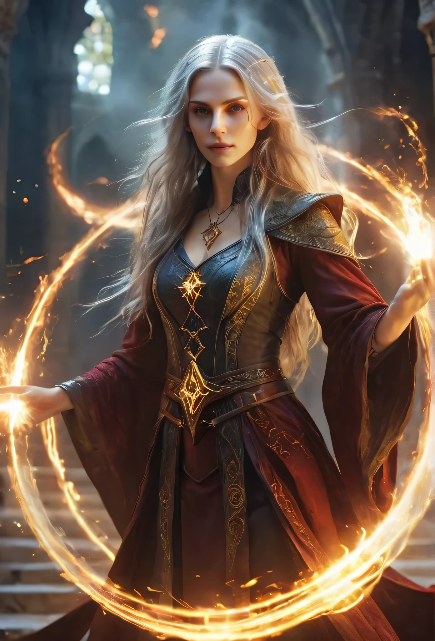 1 girl,adult (elven:0.7) woman,freckles,yellow eyes,gray long hair, full body, 
solo,half shot,looking up,detailed background,detailed face,(glowing eyes:1.05),summoner,unholy,intricate necromancer clothes,amulet,conjuring,movement,evil smile,ritual,pentagram,surrounded by dark  dark magical inscriptions,red swirling summoning energy,(style-swirlmagic:0.7),calling forth evil power,tower background,dark glowing aura,ethereal atmosphere,magic fire,magic array,magic fire, magic sword