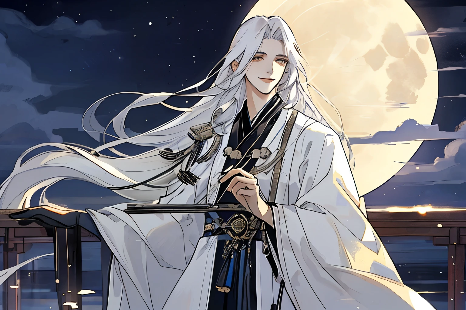 male，male，White Hanfu，Long white hair，Flowing long hair，Wide-sleeved robe，antiquity，Solid color clothes，The clothes do not have any patterns，Smiling，Soft Light，Ink，Behind it is the full moon，Low saturation，Low contrast，floodlight