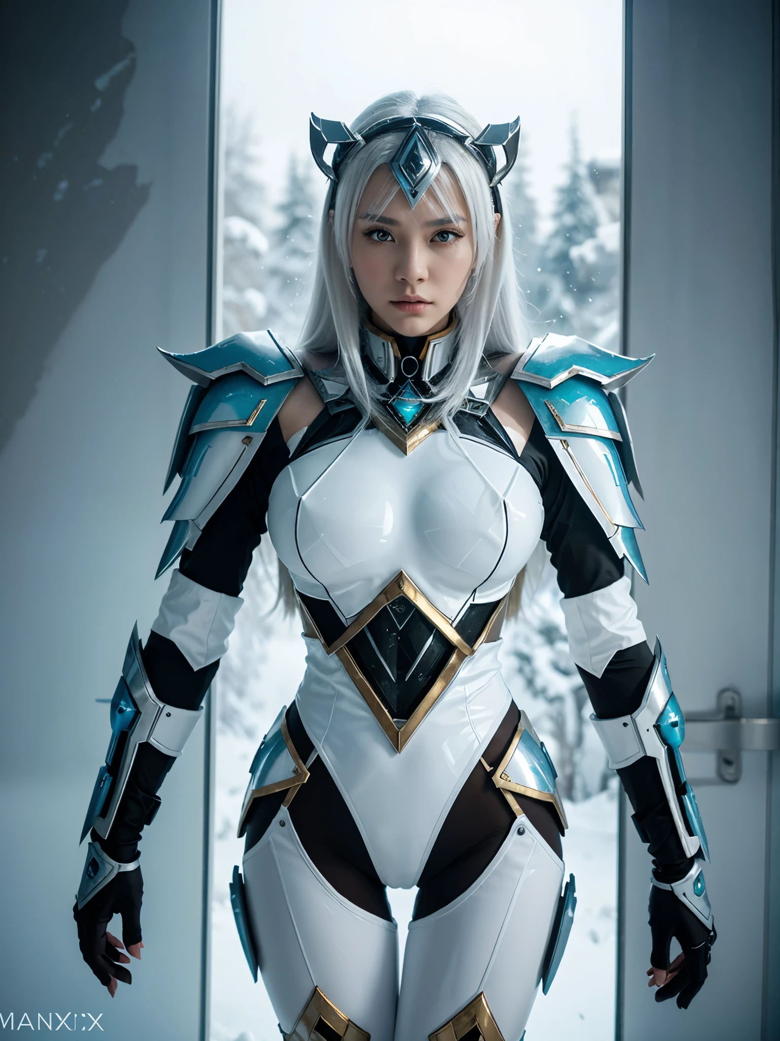 'Winter's Edge: Chronicles of the Icebound Sentinel' by Max Yoon. Very beautiful Rumanian Humanoid Girl, wearing Rhino Paladin Mecha Armor in white glass acrilic color, with golden Neon, 