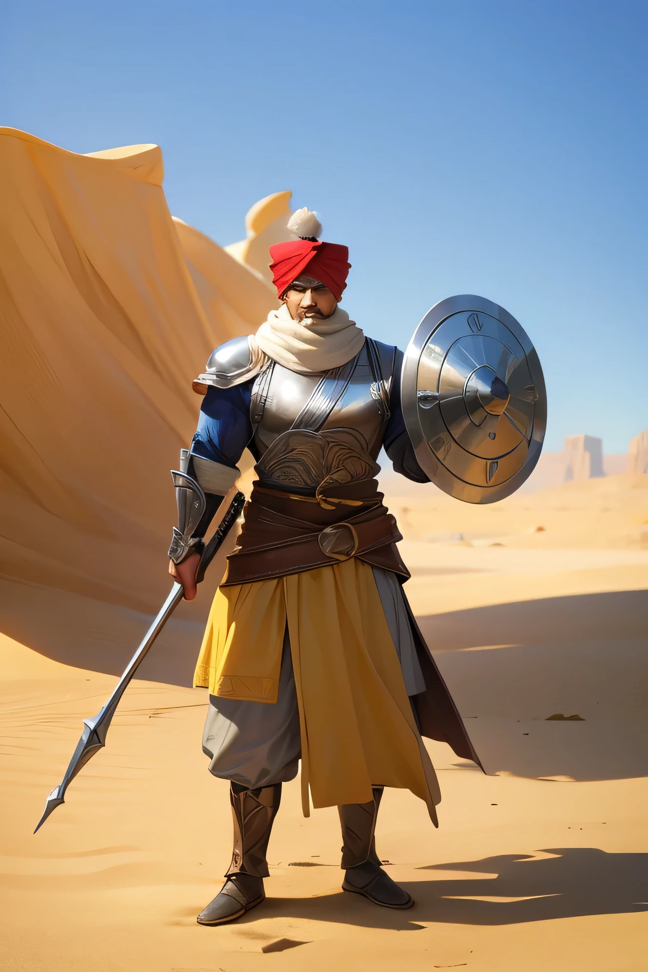 Strong man，Take a shield，is dressed in armor，wearing her turban ，in a desert，The flag，Big wind，cavalos