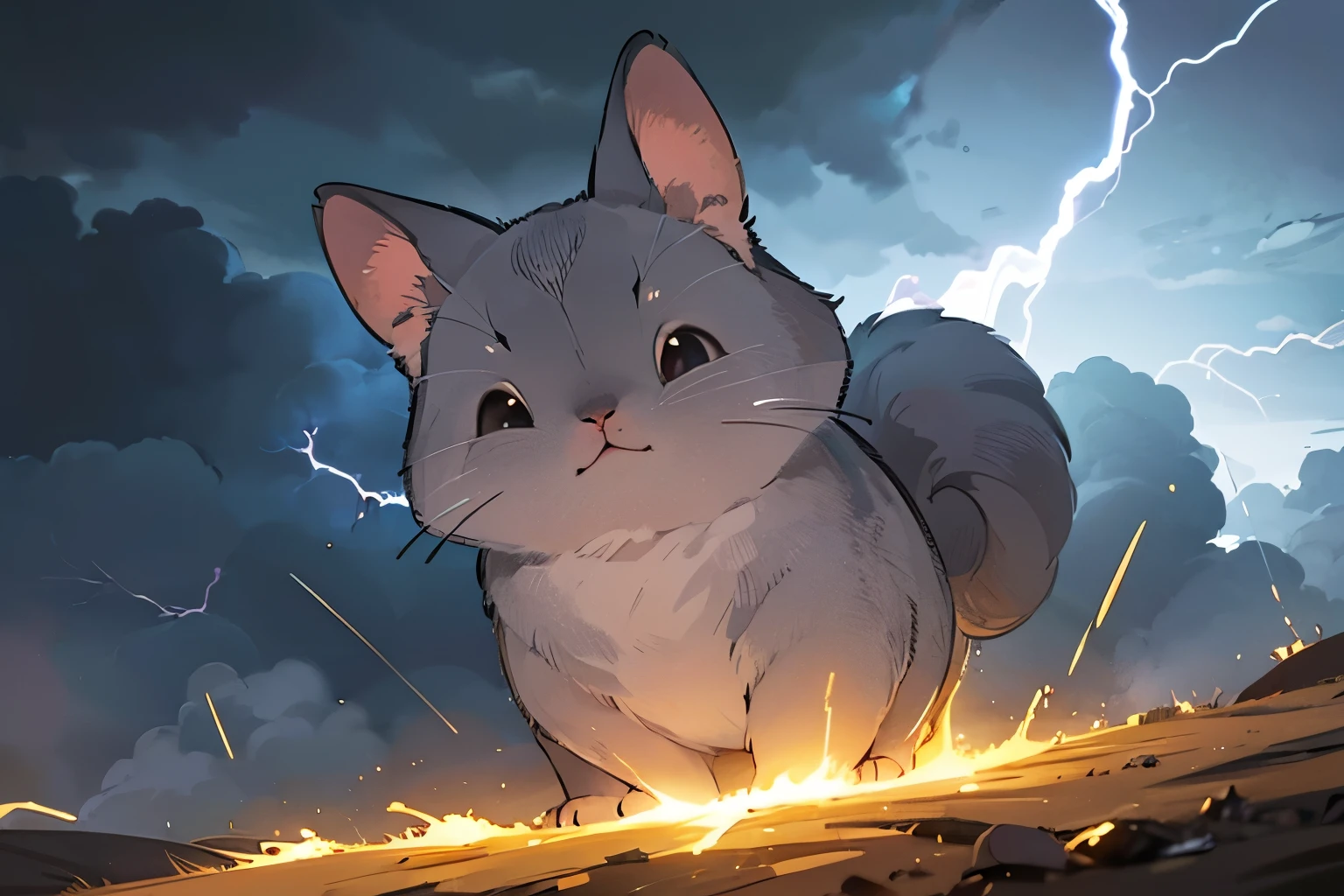 Draw an adorable chinchilla crafted from lightning, set against a backdrop of a raging storm. Highlight the chinchilla's electrified form, with bolts of lightning emanating from its fluffy body. Emphasize the stormy atmosphere, portraying dark clouds and flashes of lightning in the background. Capture the chinchilla's playful demeanor amidst the electrifying energy, creating a scene that blends cuteness with the power of nature's fury.