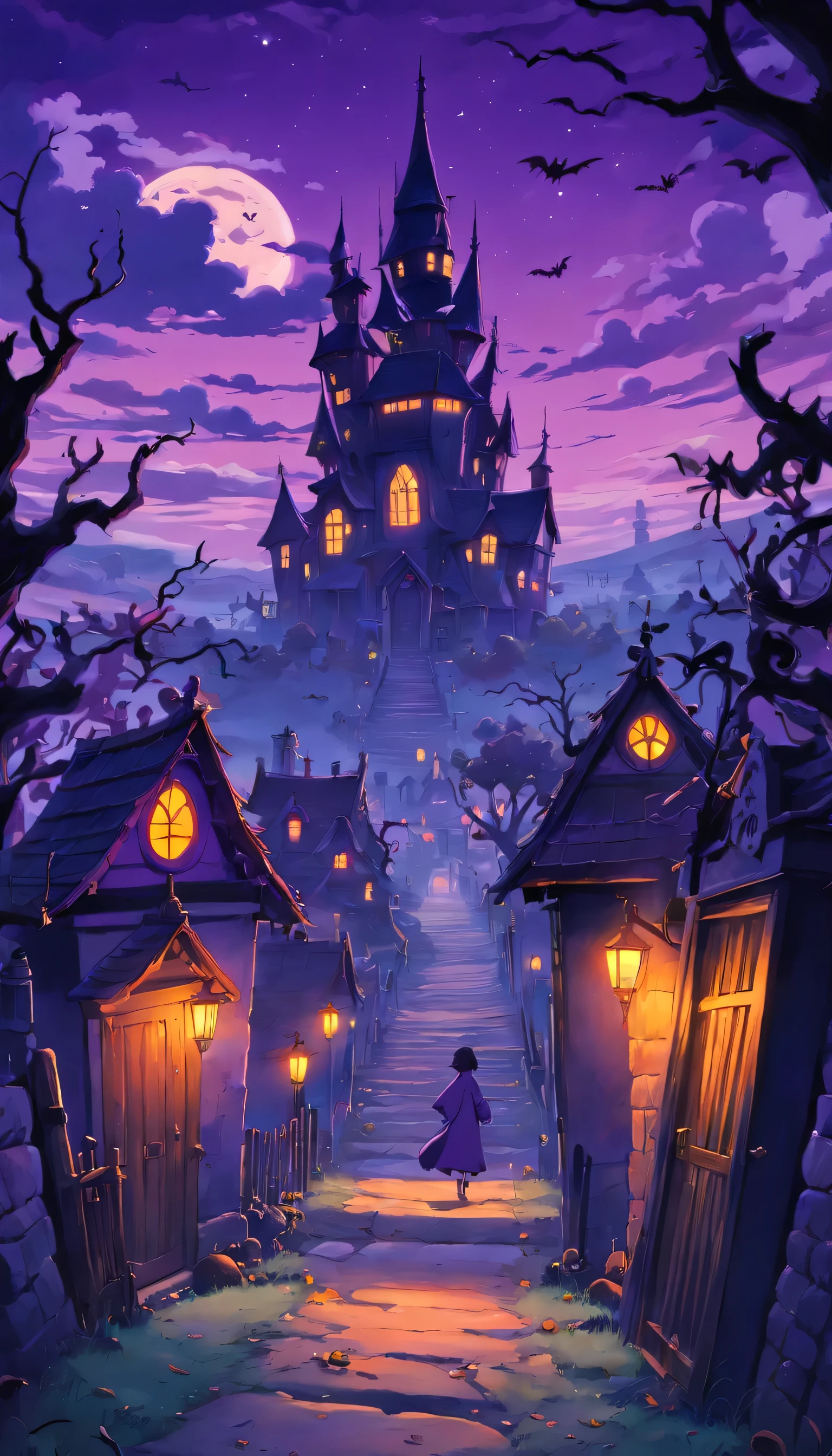 A haunted Halloween landscape with purple sky and black houses, and spooky graveyards