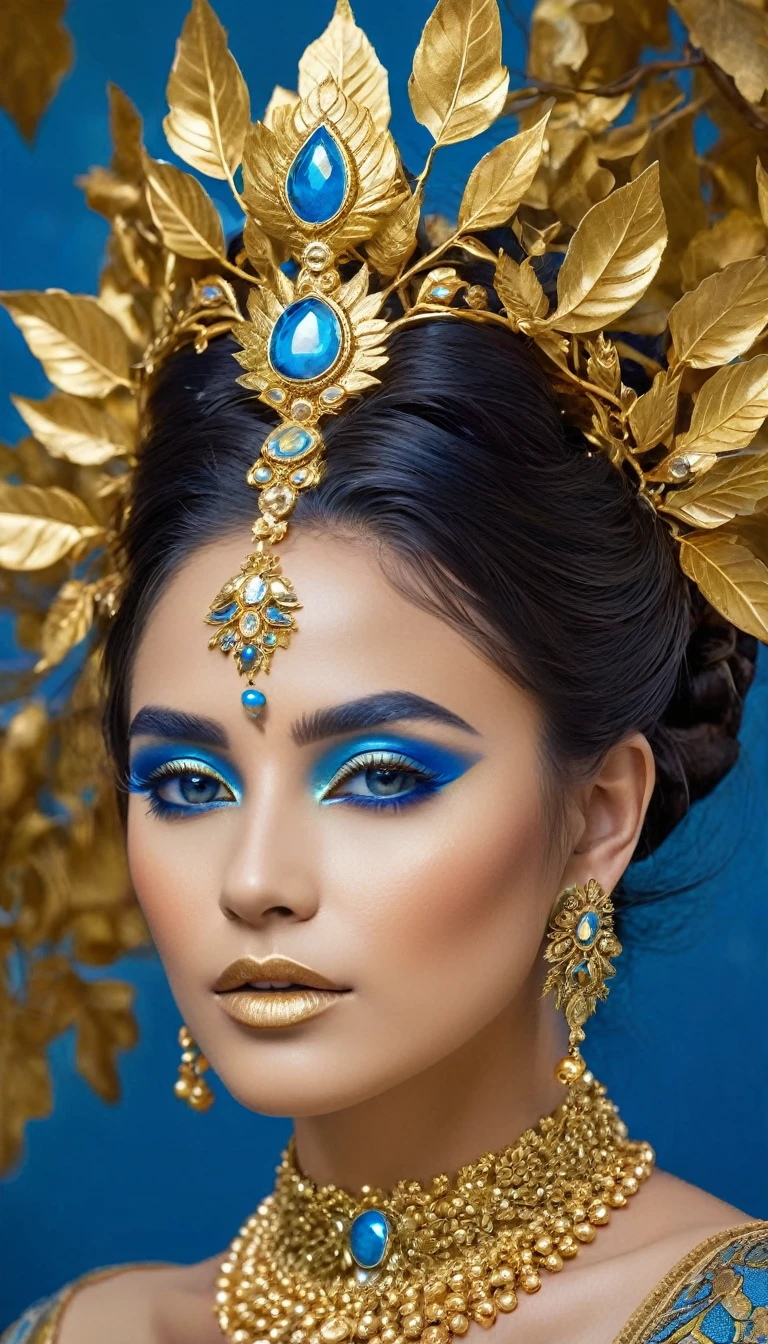 The image showcases a striking blend of nature and luxury, embodied in the form of a woman adorned with gold. Her attire is a harmonious blend of blue and gold, with gold leaves and branches intricately designed on her dress, creating a visual spectacle that is both opulent and organic. The gold leaf crown on her head adds to the regal aura, while the gold leaf makeup on her face enhances her features, giving her a look that is both ethereal and majestic. The blue background provides a cool contrast to the warm tones of the gold, further accentuating the overall aesthetic. This image captures the essence of a modern-day goddess, where fashion and nature coexist in perfect harmony.