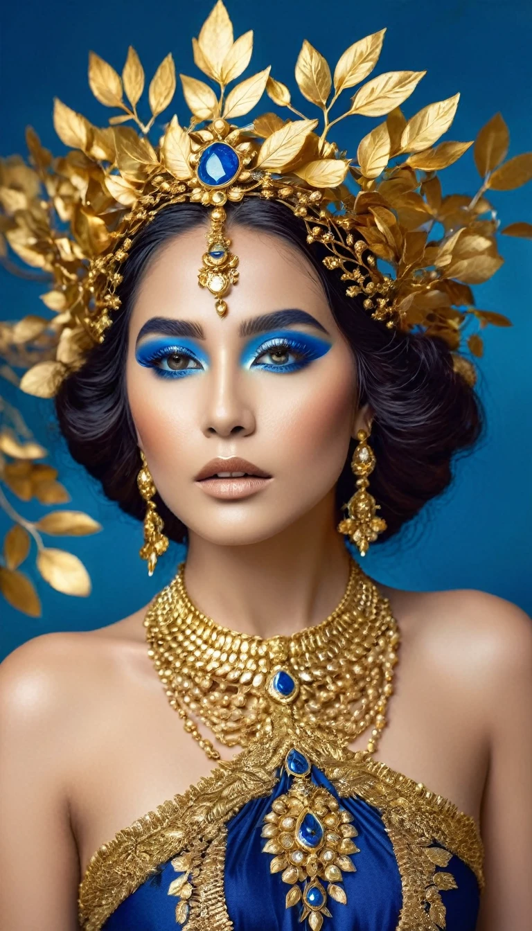 The image showcases a striking blend of nature and luxury, embodied in the form of a woman adorned with gold. Her attire is a harmonious blend of blue and gold, with gold leaves and branches intricately designed on her dress, creating a visual spectacle that is both opulent and organic. The gold leaf crown on her head adds to the regal aura, while the gold leaf makeup on her face enhances her features, giving her a look that is both ethereal and majestic. The blue background provides a cool contrast to the warm tones of the gold, further accentuating the overall aesthetic. This image captures the essence of a modern-day goddess, where fashion and nature coexist in perfect harmony.