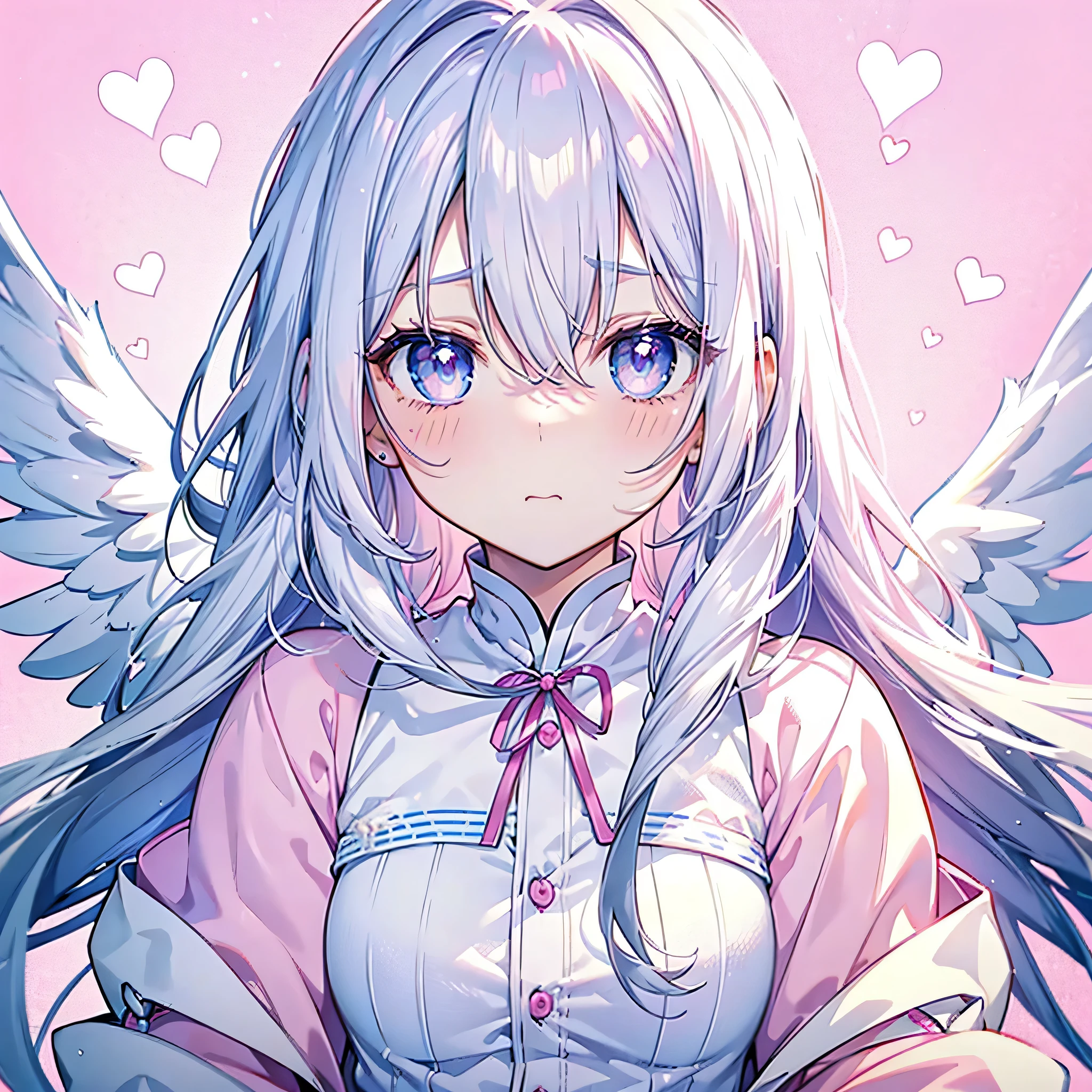 Alone, Pretty woman with long white hair and blue eyes、20-year-old、Face close-up、Puff out your cheeks and get angry、blush、Angel wings on the back、White dress、Pink Cardigan、Pink Wallpaper、Pop Heart Background