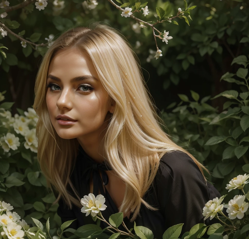 beautiful girl wearing a black dress, blonde hair, sexy (beautiful girl,blonde hair:1.1,sexy), detailed facial features (detailed eyes, detailed lips:1.1), vibrant colors (vivid colors), high-resolution image (best quality, highres), in a garden (in a garden), soft lighting (soft lighting), with a dreamy atmosphere (dreamy atmosphere), captured in a realistic painting style (realistic painting style), surrounded by blooming flowers and lush greenery (blooming flowers, lush greenery), with a gentle breeze (gentle breeze) blowing her hair, creating a sense of movement (sense of movement), and emphasizing her captivating presence (captivating presence).