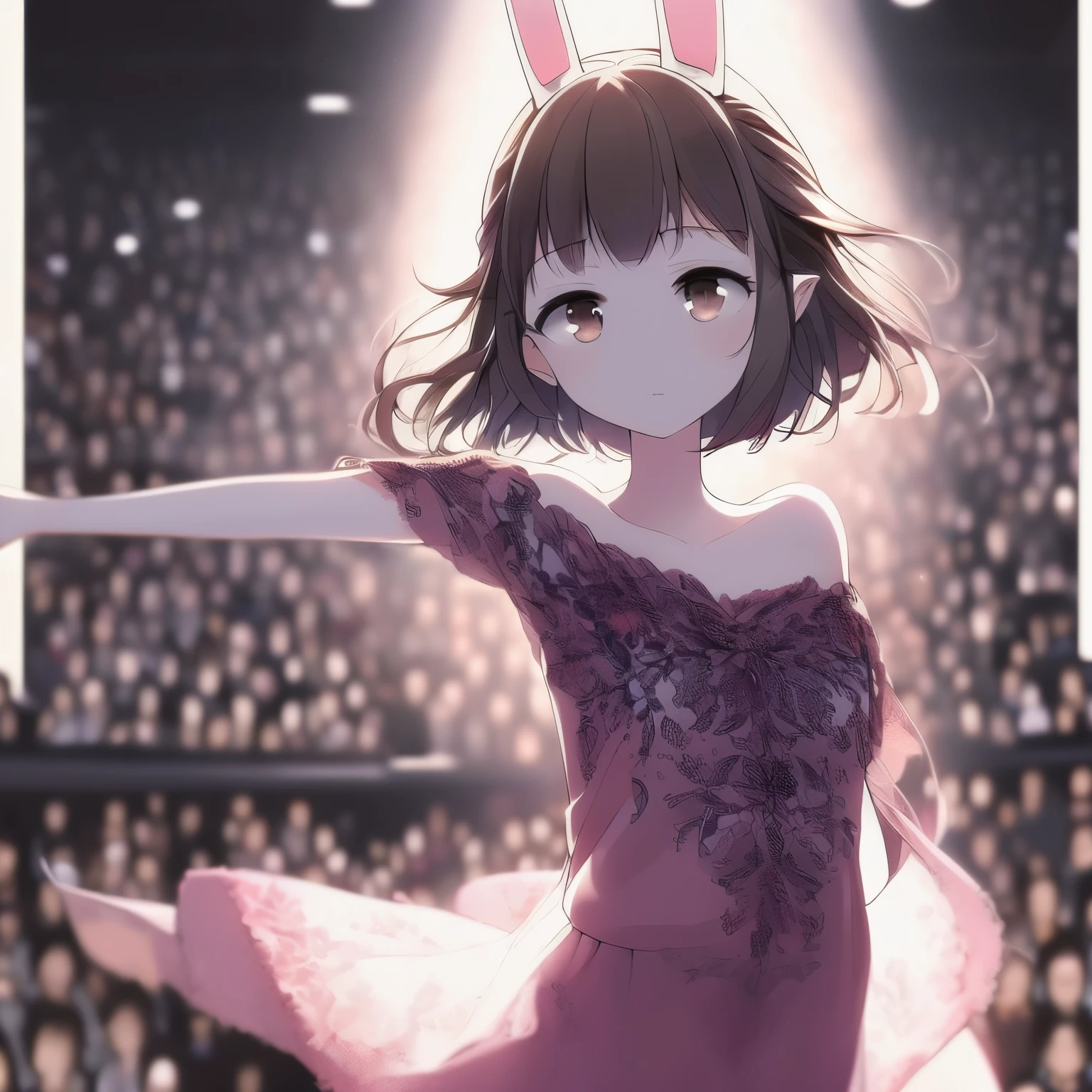 (Tabletop.highest quality).(Dynamic High Angle). (CG paintings with impressive detail),(Perfect image).(Dance、Proud of the costume、Presenting to the audience)、Comic Strip.shape.1 girl.Detailed face、Perfect body、Beautiful thighs、Beautiful belly、Perfect Face.Delicate face、Spread your arms、Proudly、A girl wearing a gorgeous off-the-shoulder dress、Overexposure、(Beautiful fashion that shows off belly and bare legs)、Breast flash、Rough skin、Long Hair、(Bunny ear girl)Bunny ear girl、((Beautiful brown eyes)).繊細でBeautiful Eyes、Beautiful Eyes、Reflected Eyes、Embarrassingly.(Looking at the audience:1.3).(Red face:1)、8k wallpaper、Bold full shot、reflected light、Most detailed、Complex、Delicate background、Rough skin、Fine skin、(Super Resolution)、mini skirt、Chirarizum、(whole body、美しいwhole body像、 body type)